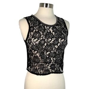 Women's Floral Lace Beaded Sequins Embellished Tank S Black Sheer Cropped Top